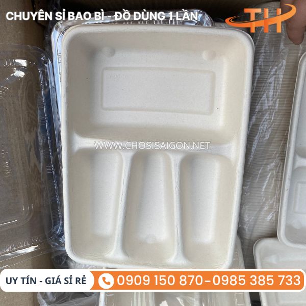 Hộp bã mía 4 ngăn dùng 1 lần, chịu nhiệt tốt