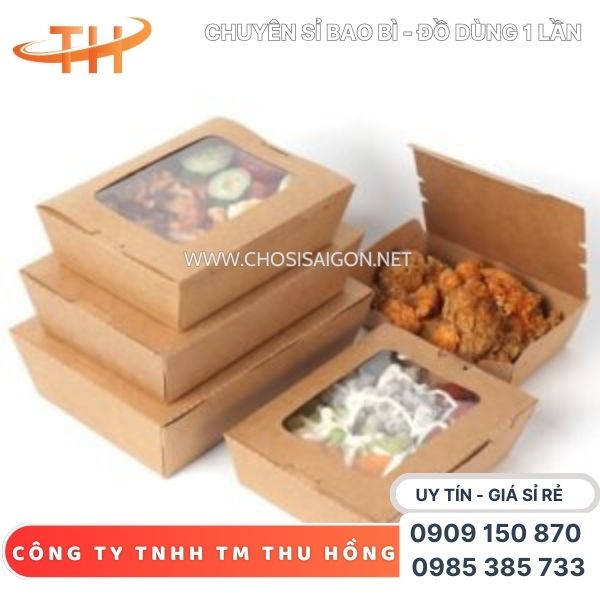 Hộp giấy kraft nắp cửa sổ đựng cơm, gà rán, pizza, salad giá rẻ