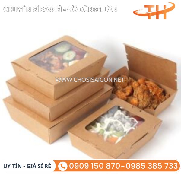 Hộp giấy kraft nắp cửa sổ đựng thức ăn nhanh, gà rán, pizza