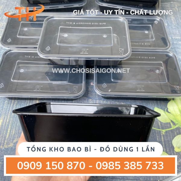 Hộp nhựa chữ nhật đen có nắp 500ml giá sỉ