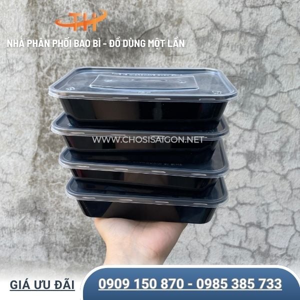 Hộp nhựa chữ nhật đen 500ml có nắp