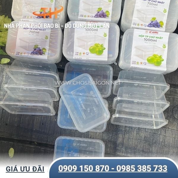 Hộp nhựa chữ nhật 1000ml đựng thức ăn an toàn