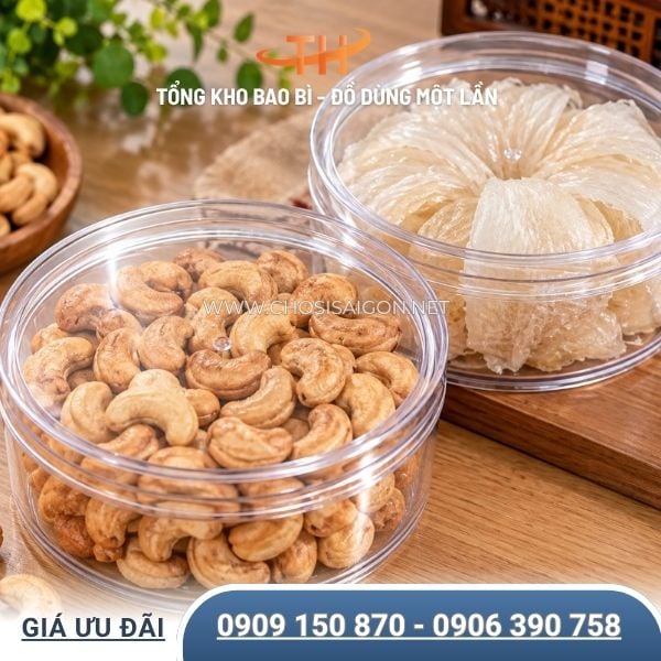 Hộp nhựa tròn mica đựng hạt điều, tổ yến, thực phẩm