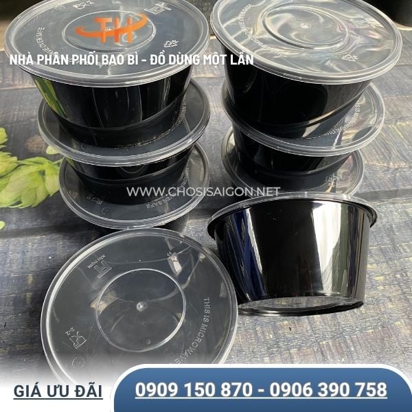 Hộp nhựa tròn đen 750ml đựng cháo, bún, phở