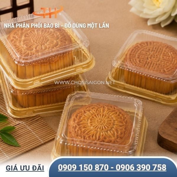 Hộp, khay vuông đựng bánh trung cùng nắp PET trong suốt