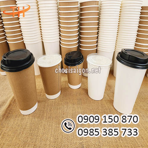 Sỉ rẻ ly giấy 16oz đựng cafe kraft nâu, trắng trơn