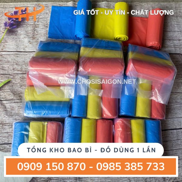 Bao túi đựng rác cuộn 3 màu xanh, đỏ, vàng