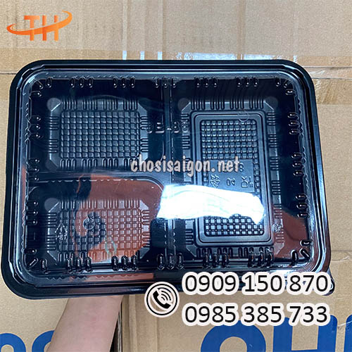 Sỉ rẻ khay nhựa đế đen HT88 3 ngăn nắp pet trong