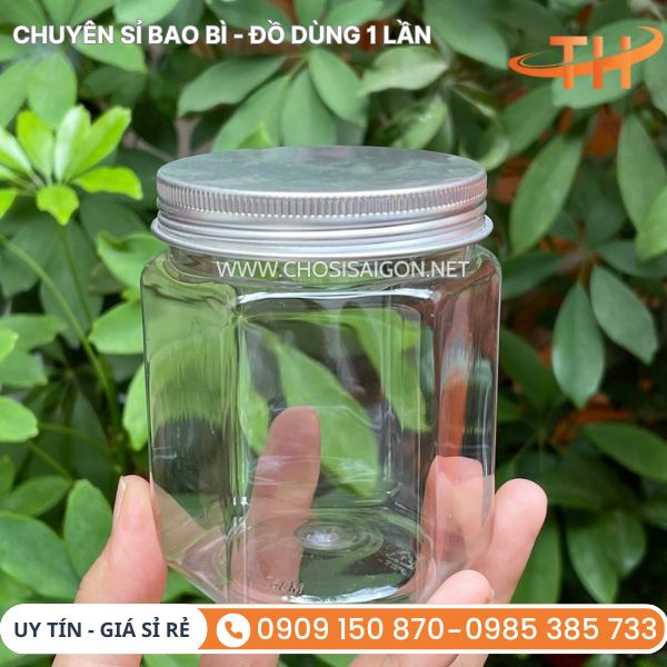 Hũ nhựa PET lục giác nắp nhôm bạc cao cấp, an toàn