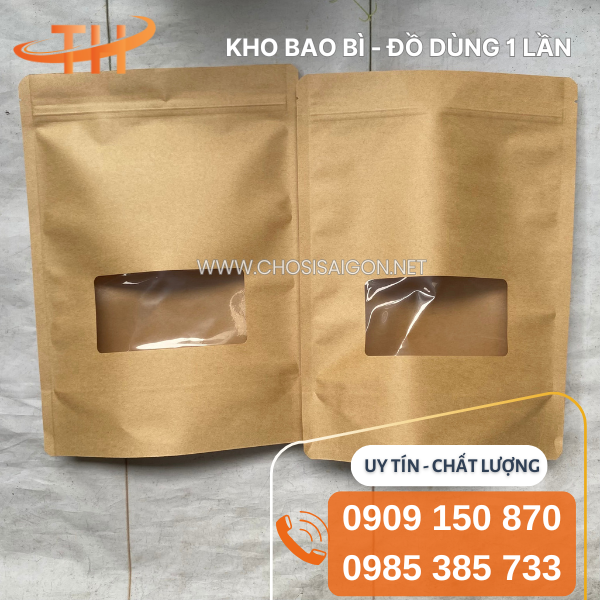 Túi zipper giấy kraft đáy đứng có cửa sổ giá rẻ