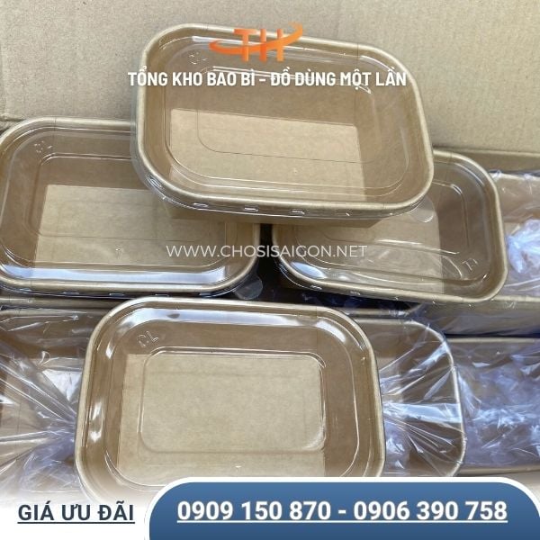 Tô giấy kraft chữ nhật nắp nhựa PET dùng 1 lần