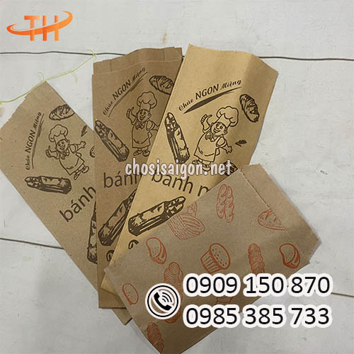 Túi giấy kraft nâu in hình sẵn đựng bánh mì giá rẻ