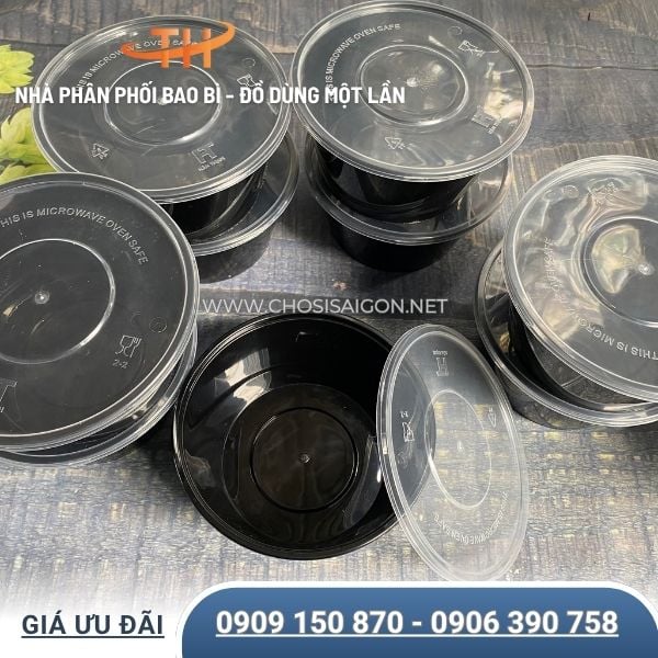 Thố nhựa tròn đen 500ml dày dặn, cứng cáp