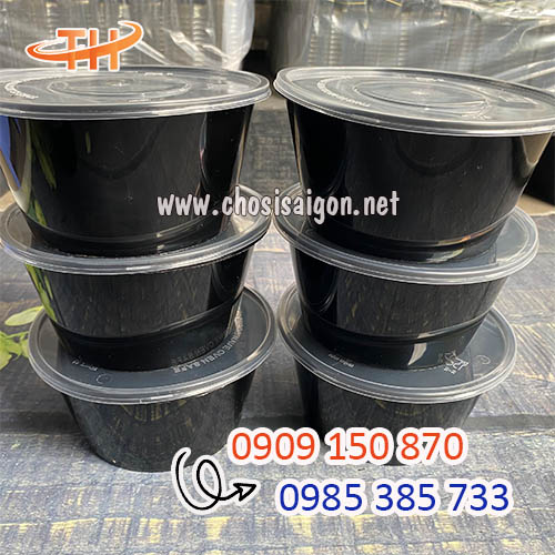 Tô, thố, hộp nhựa tròn đen 750ml đựng thức ăn mang đi sỉ rẻ