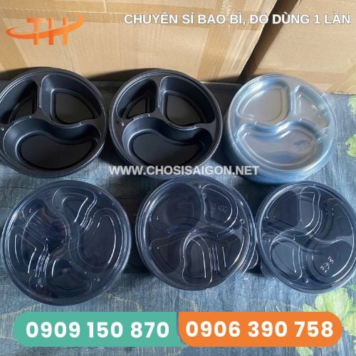 HỘP NHỰA TRÒN 3 NGĂN ĐỰNG CƠM ĐẾ ĐEN