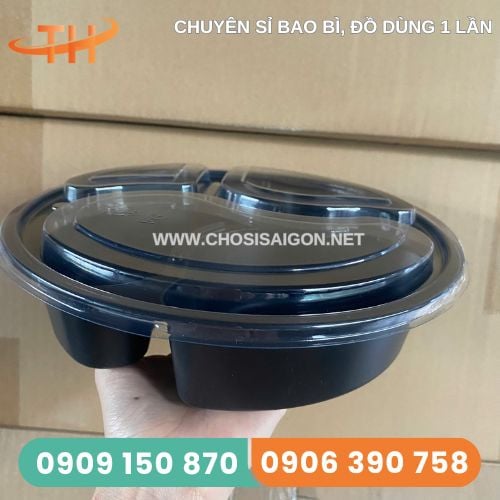 HỘP NHỰA TRÒN 3 NGĂN ĐỰNG CƠM ĐẾ ĐEN