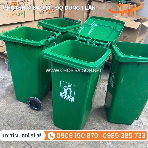 Thùng rác nhựa 120 lít có bánh xe, nắp đậy kín