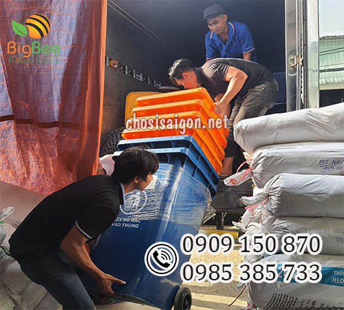 Thùng rác 240 lít màu xanh dương, cam giá sỉ rẻ