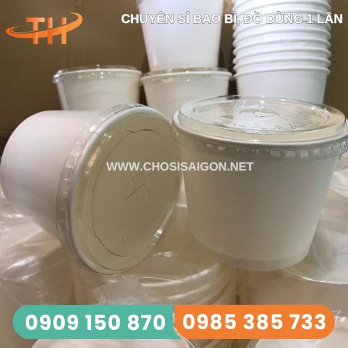 Tô giấy trắng trơn 600ml có nắp