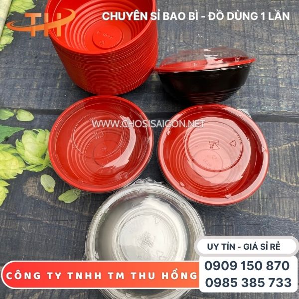 Tô nhựa đỏ đen PP, nắp pet trong giá sỉ rẻ