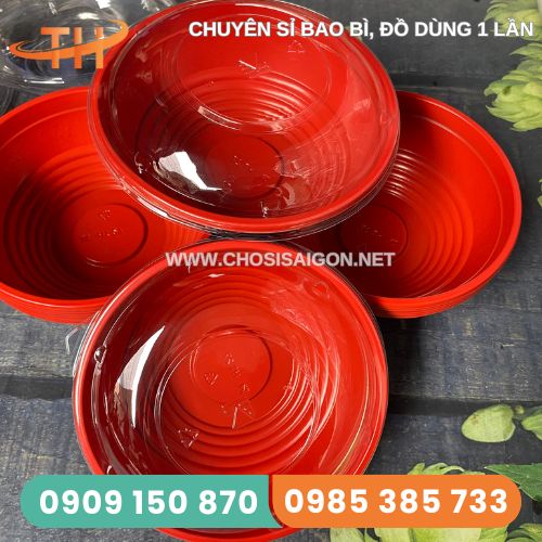 Tố, thố nhựa tròn đỏ đen đựng thức ăn