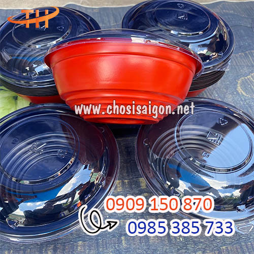 Tô, thố nhựa đỏ đen đựng thức ăn 850ml giá sỉ rẻ