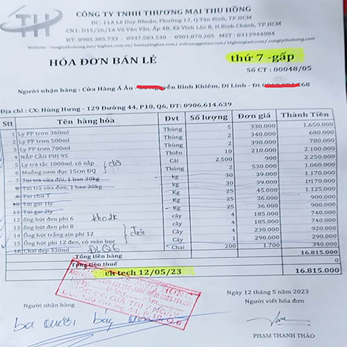 Bill giao hàng tại công ty Thu Hồng