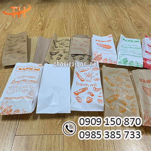 Túi giấy đựng bánh mì trắng trơn, kraft nâu, in hình sẵn giá sỉ rẻ