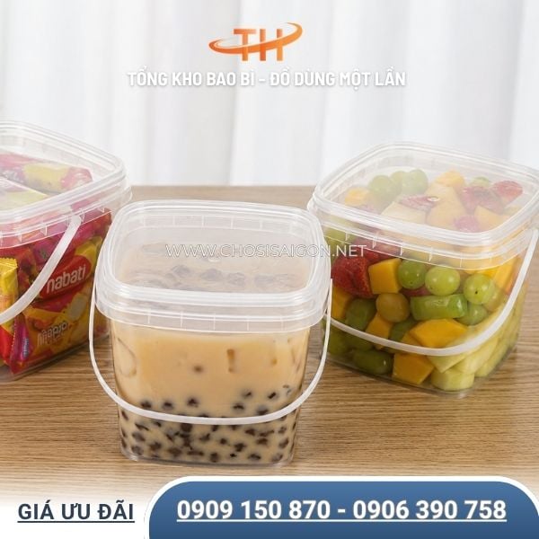 Xô nhựa vuông 2 lít đựng trà sữa, bánh, kẹo, mứt, hạt, trái cây