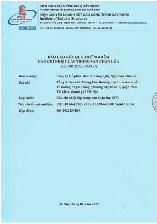 Báo cáo thử nghiệm cầu chì lắp trong van ngăn cháy Starduct Báo cáo thử nghiệm cầu chì lắp trong van ngăn cháy Starduct