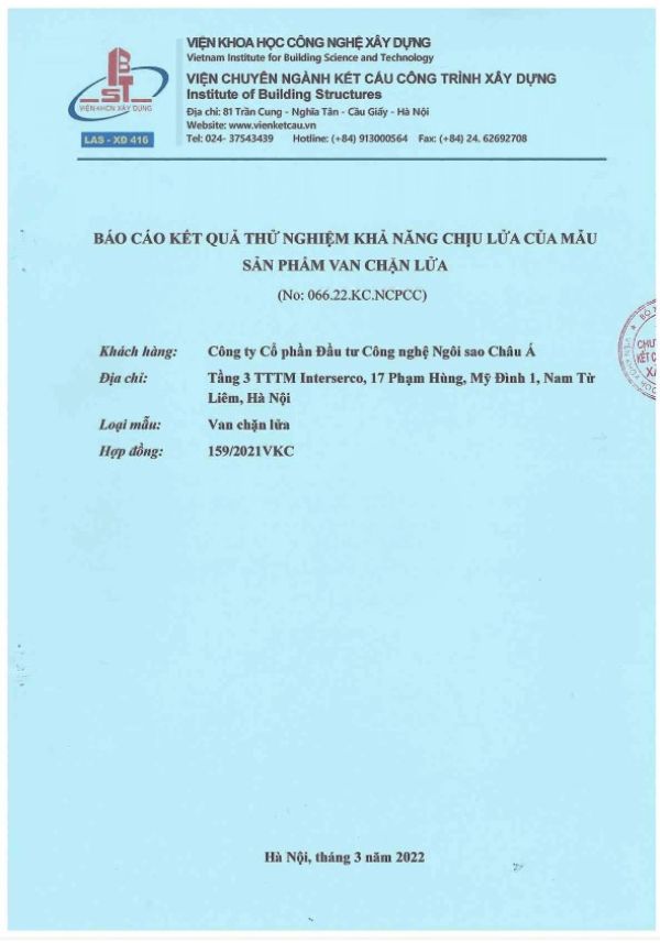 Báo cáo thử nghiệm van ngăn cháy cách nhiệt mô tơ kiểu tổ hợp Starduct Báo cáo thử nghiệm van ngăn cháy cách nhiệt mô tơ kiểu tổ hợp Starduct