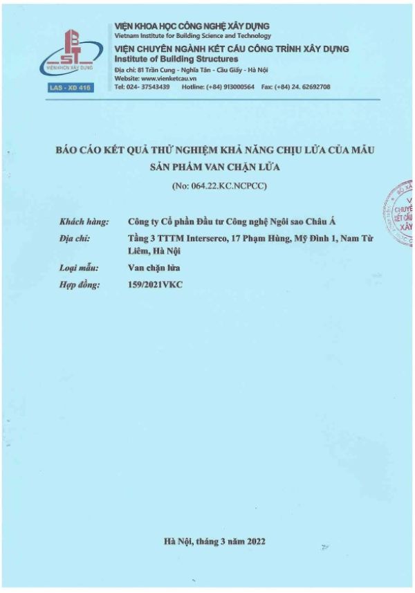 Báo cáo thử nghiệm van ngăn cháy cách nhiệt Starduct Báo cáo thử nghiệm van ngăn cháy cách nhiệt Starduct