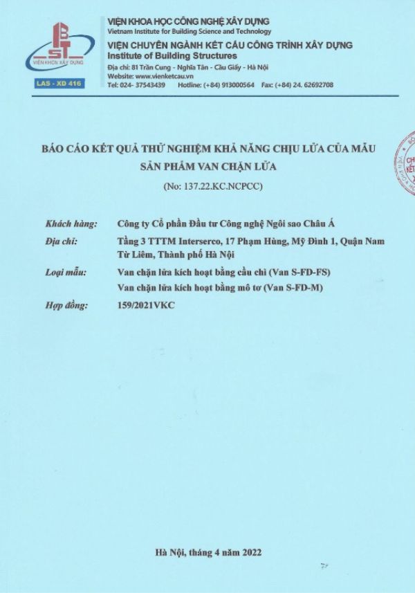 Báo cáo thử nghiệm van ngăn cháy không cách nhiệt Starduct Báo cáo thử nghiệm van ngăn cháy không cách nhiệt Starduct