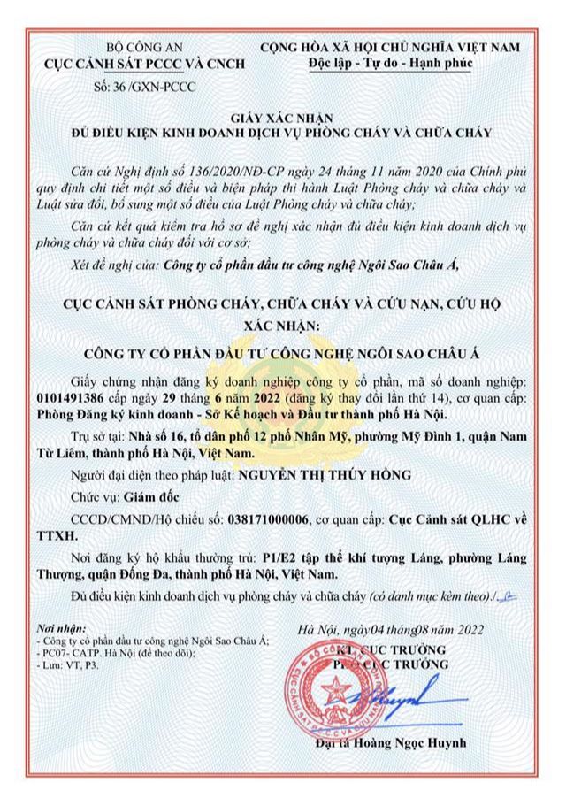 Chứng nhận đủ điều khiện kinh doanh PCCC Starduct Chứng nhận đủ điều khiện kinh doanh PCCC Starduct