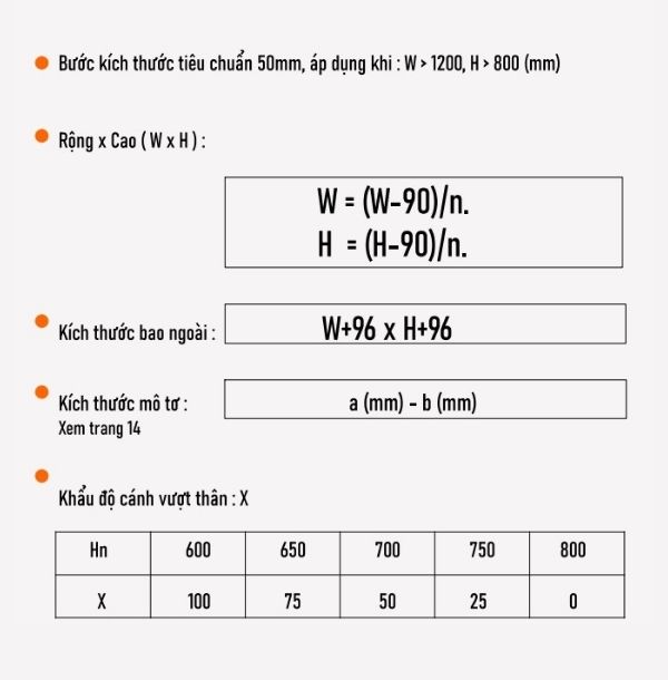 Dải kích thước van ngăn cháy cách nhiệt Starduct EI-120 loại đa thân Dải kích thước van ngăn cháy cách nhiệt Starduct EI-120 loại đa thân