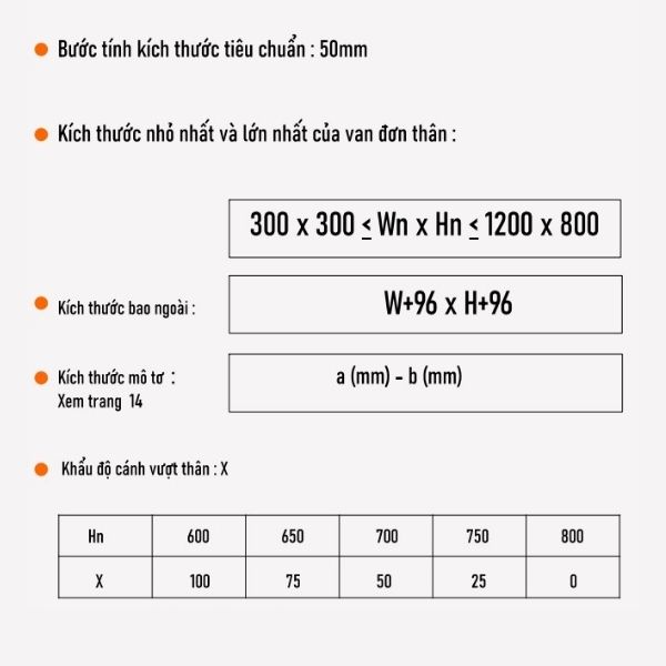 Dải kích thước van ngăn cháy cách nhiệt Starduct EI-120 loại thân đơn Dải kích thước van ngăn cháy cách nhiệt Starduct EI-120 loại thân đơn