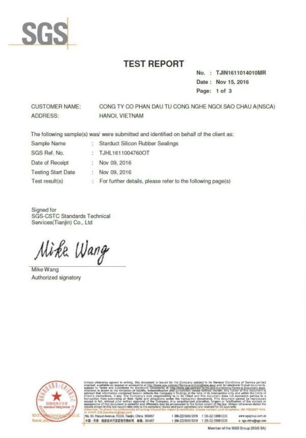 Kết quả thử nghiệm giăng, cánh van Starduct 1 Kết quả thử nghiệm giăng, cánh van Starduct 1