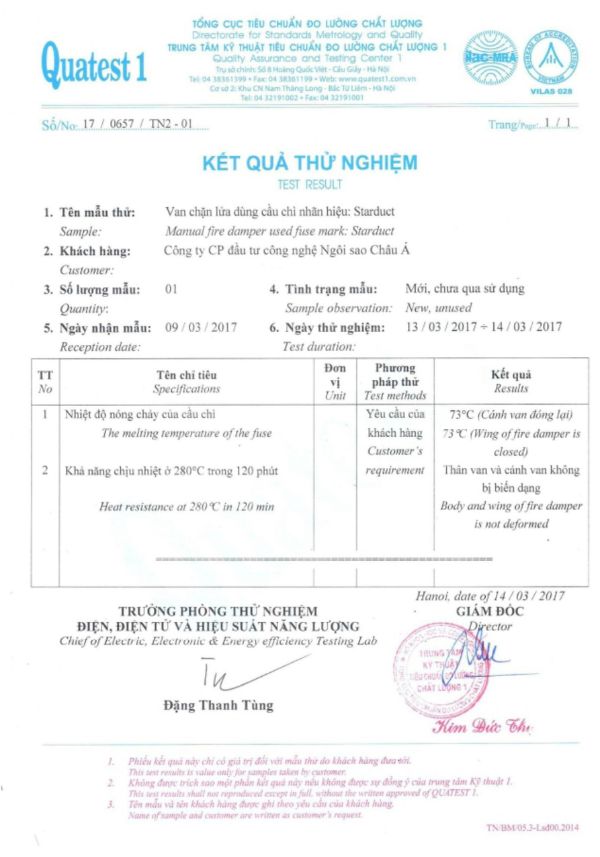Kết quả thử nghiệm van chặn lửa dùng cầu chì Starduct Kết quả thử nghiệm van chặn lửa dùng cầu chì Starduct