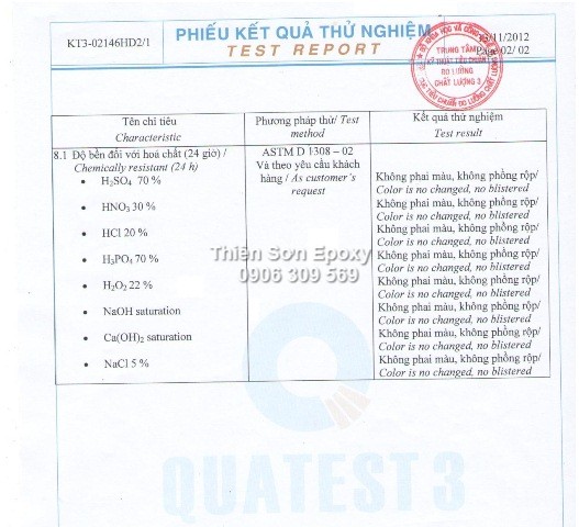 Bảng kết quả thử nghiệm khả năng chống axit, hóa chất của sơn epoxy ET5500 Bảng kết quả thử nghiệm khả năng chống axit, hóa chất của sơn epoxy ET5500