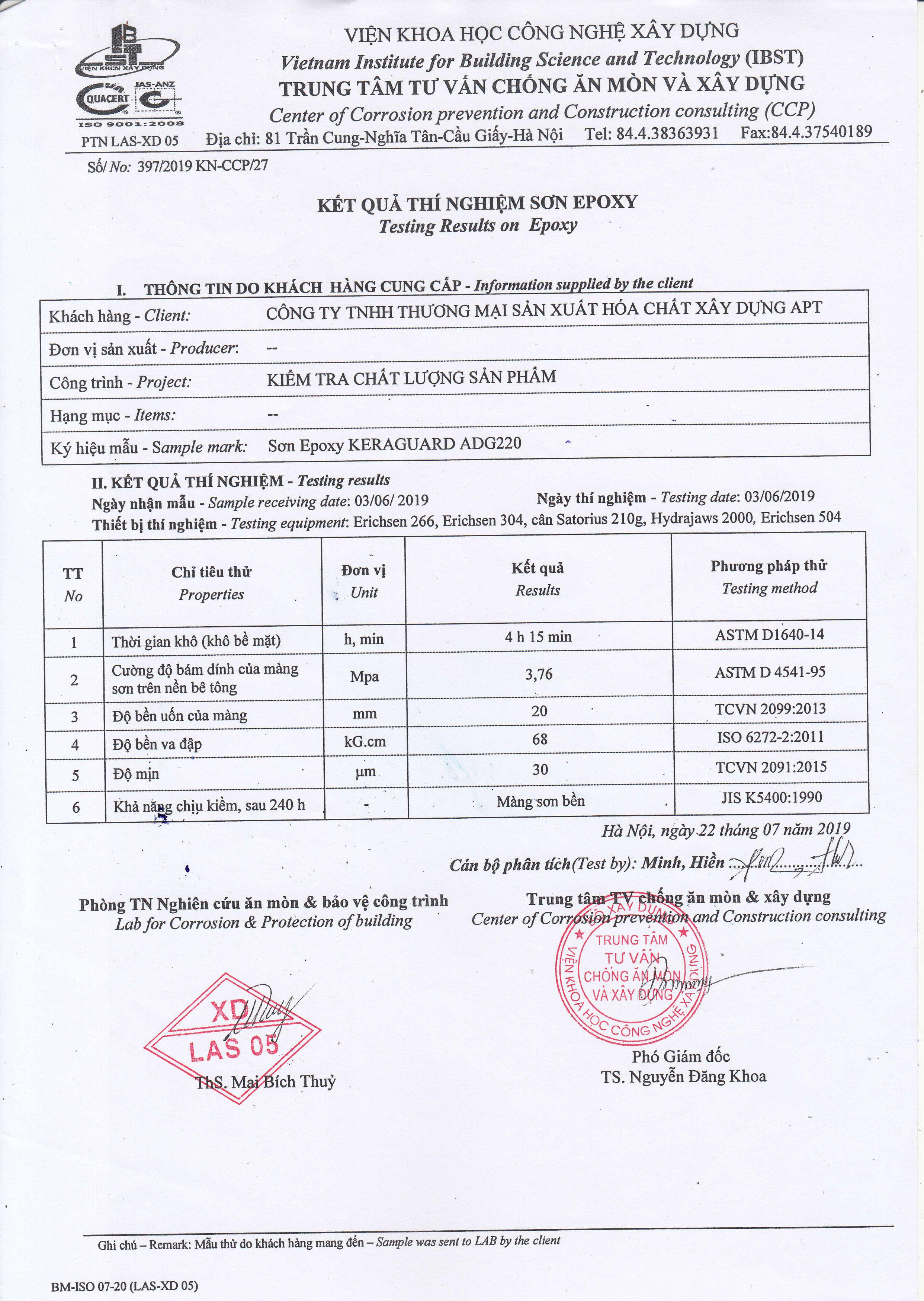 Kết quả thí nghiệm sơn epoxy Keraguard ADG220. Kết quả thí nghiệm sơn epoxy Keraguard ADG220.