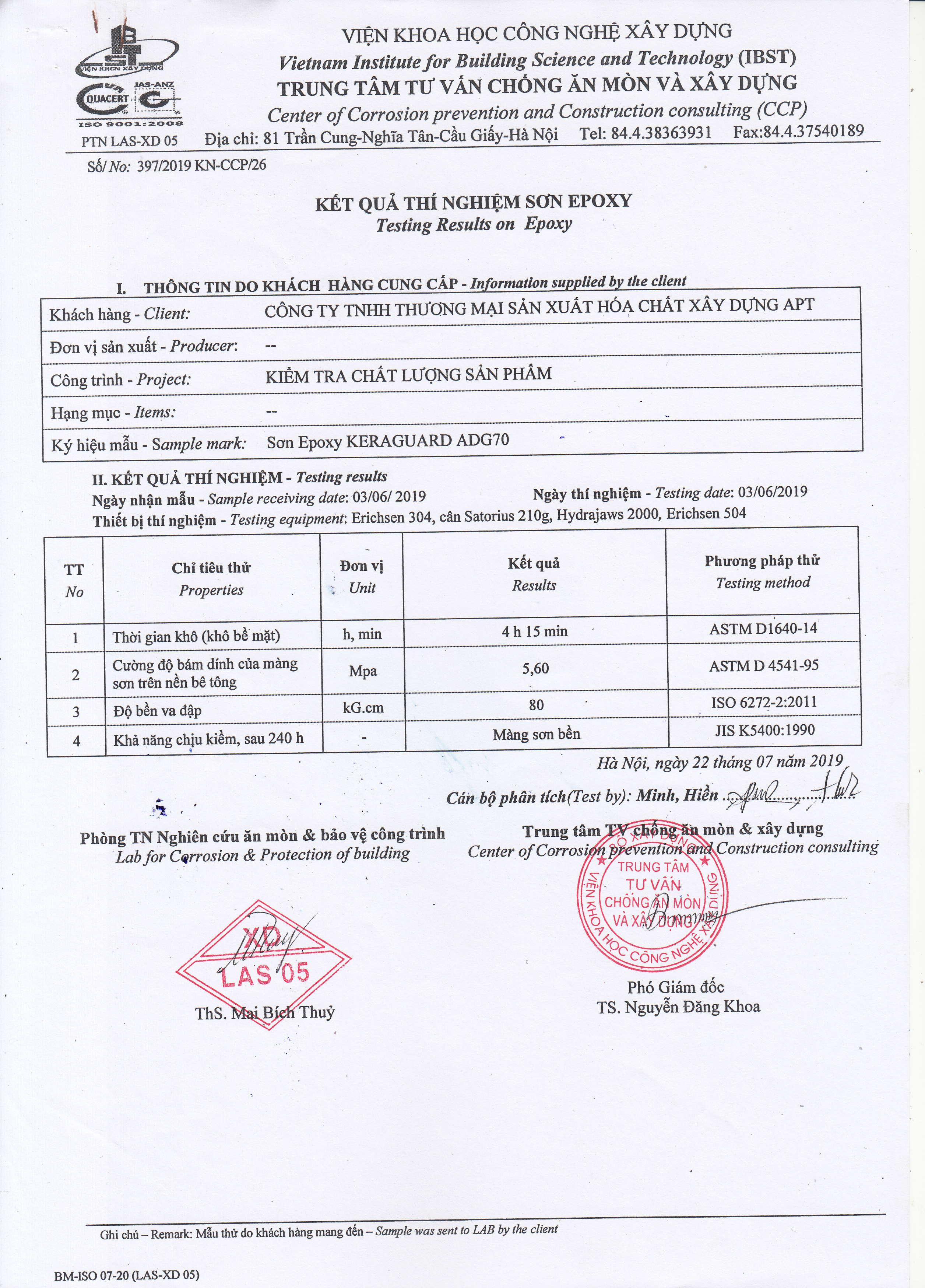 Kết quả thí nghiệm sơn epoxy Keraguard ADG70. Kết quả thí nghiệm sơn epoxy Keraguard ADG70.