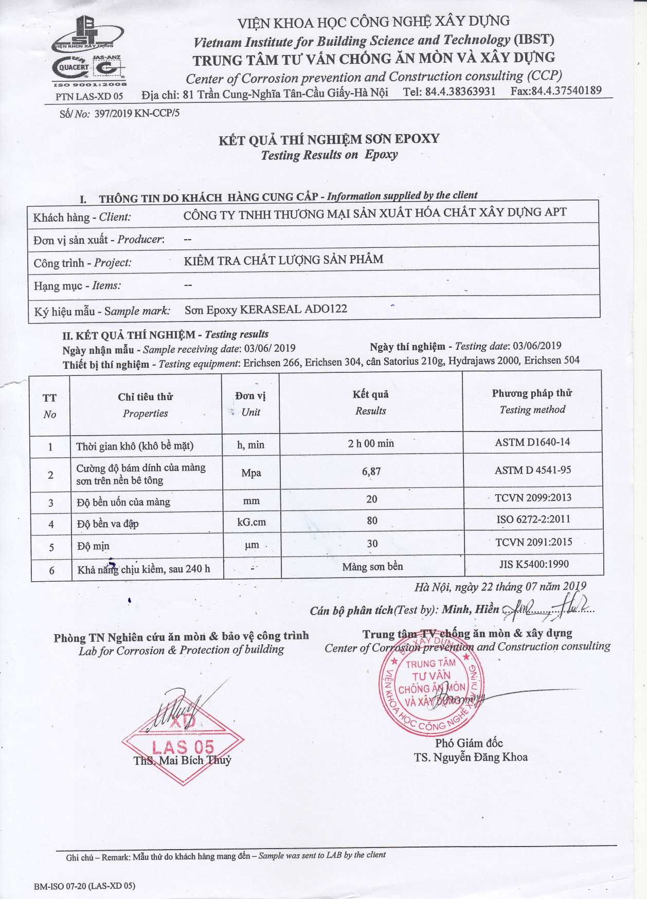 Kết quả thí nghiệm sơn epoxy ADO122. Kết quả thí nghiệm sơn epoxy ADO122.