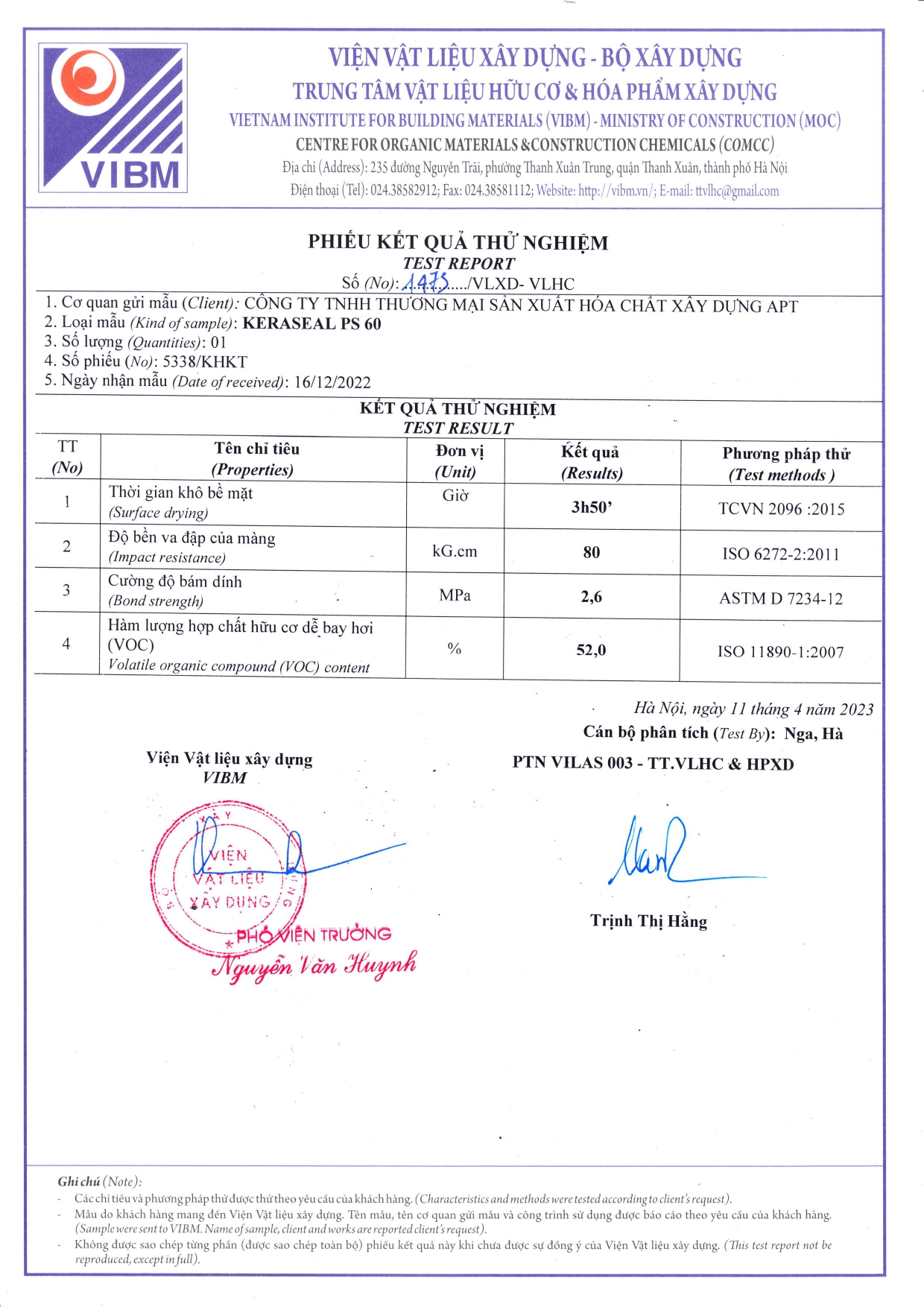 Kết quả thử nghiệm sơn epoxy PS60. Kết quả thử nghiệm sơn epoxy PS60.