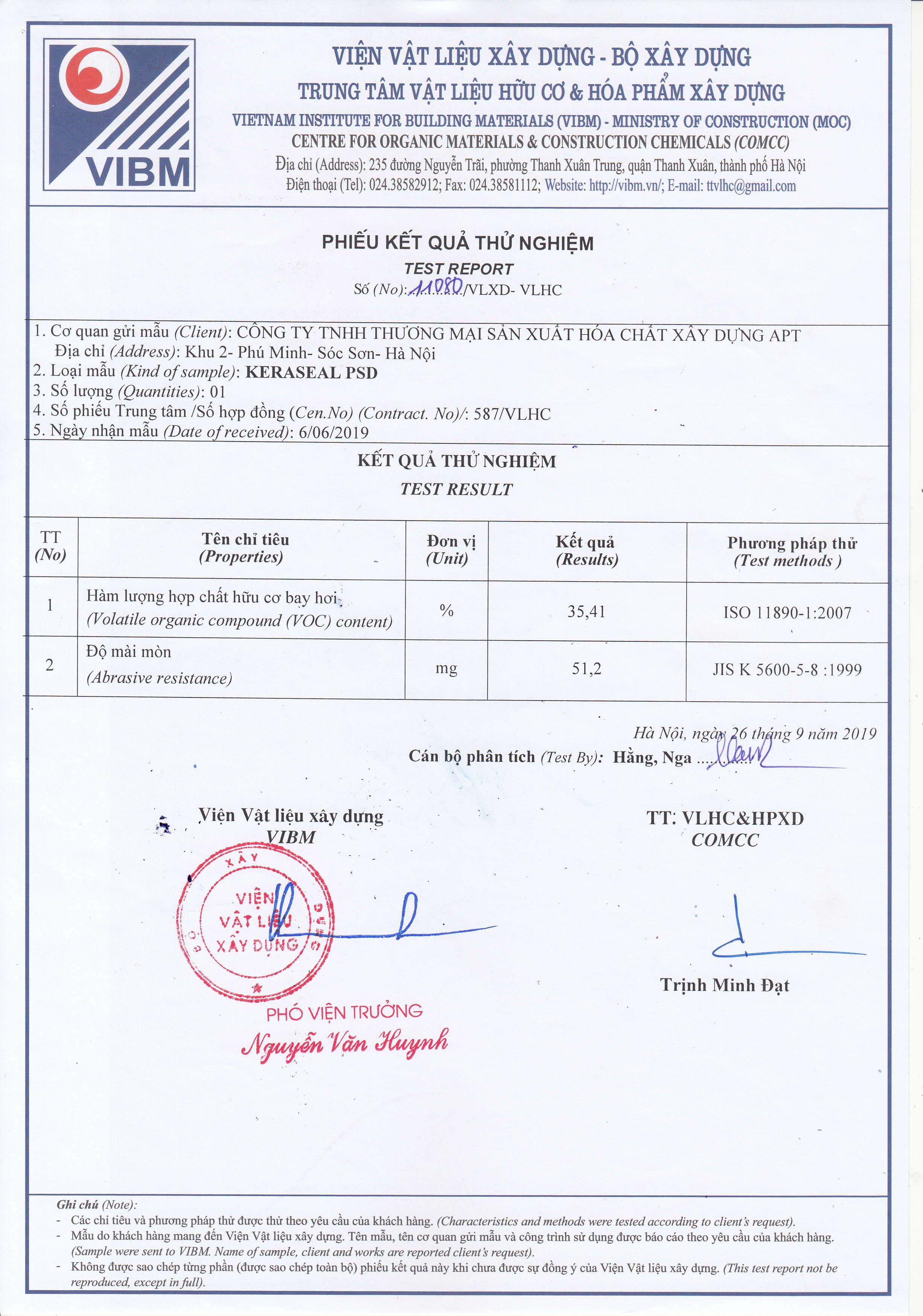 Kết quả thử nghiệm sơn lót Keraseal PSD. Kết quả thử nghiệm sơn lót Keraseal PSD.