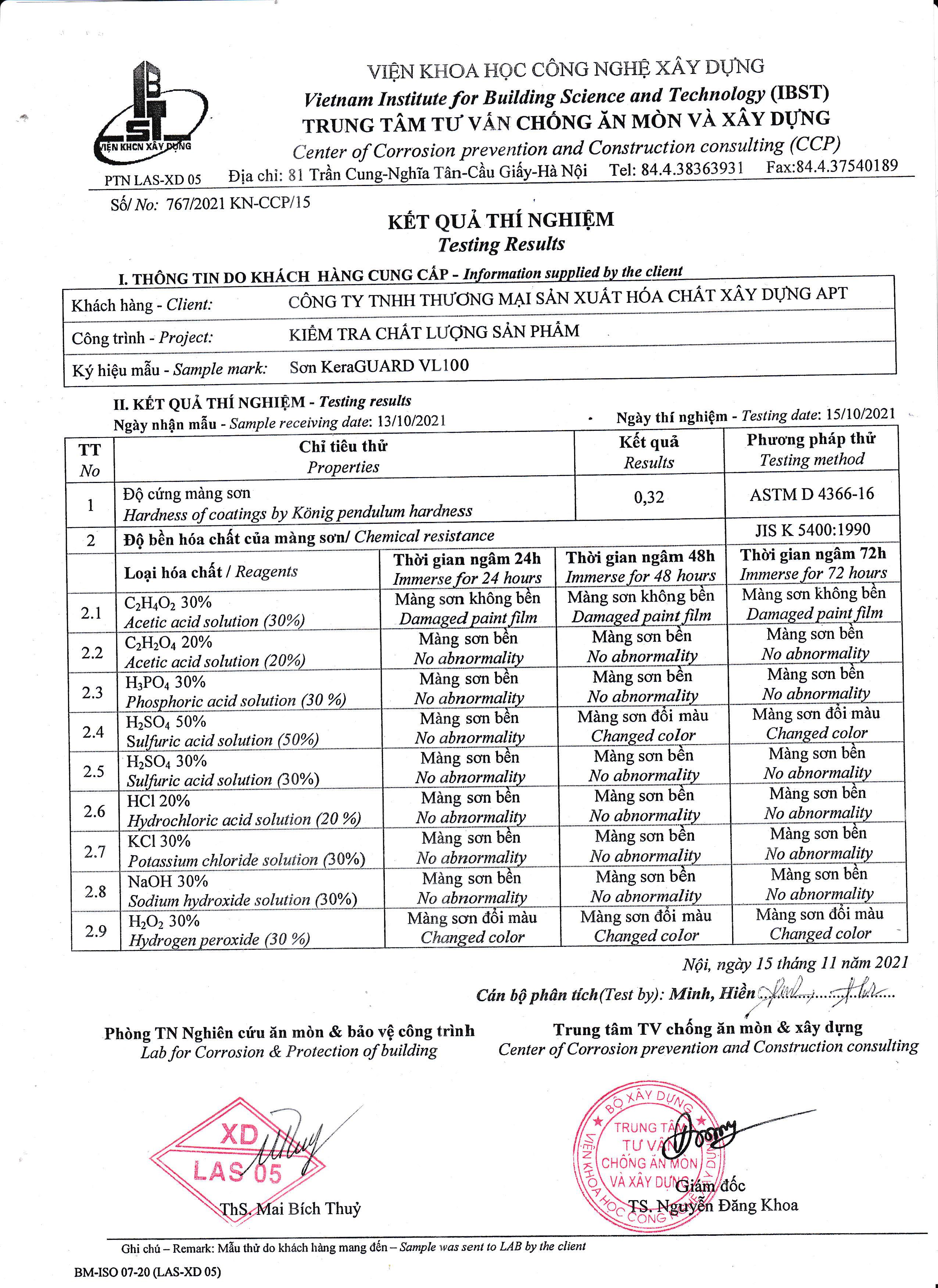 Kết quả thí nghiệm sơn phủ Keraguard VL100. Kết quả thí nghiệm sơn phủ Keraguard VL100.