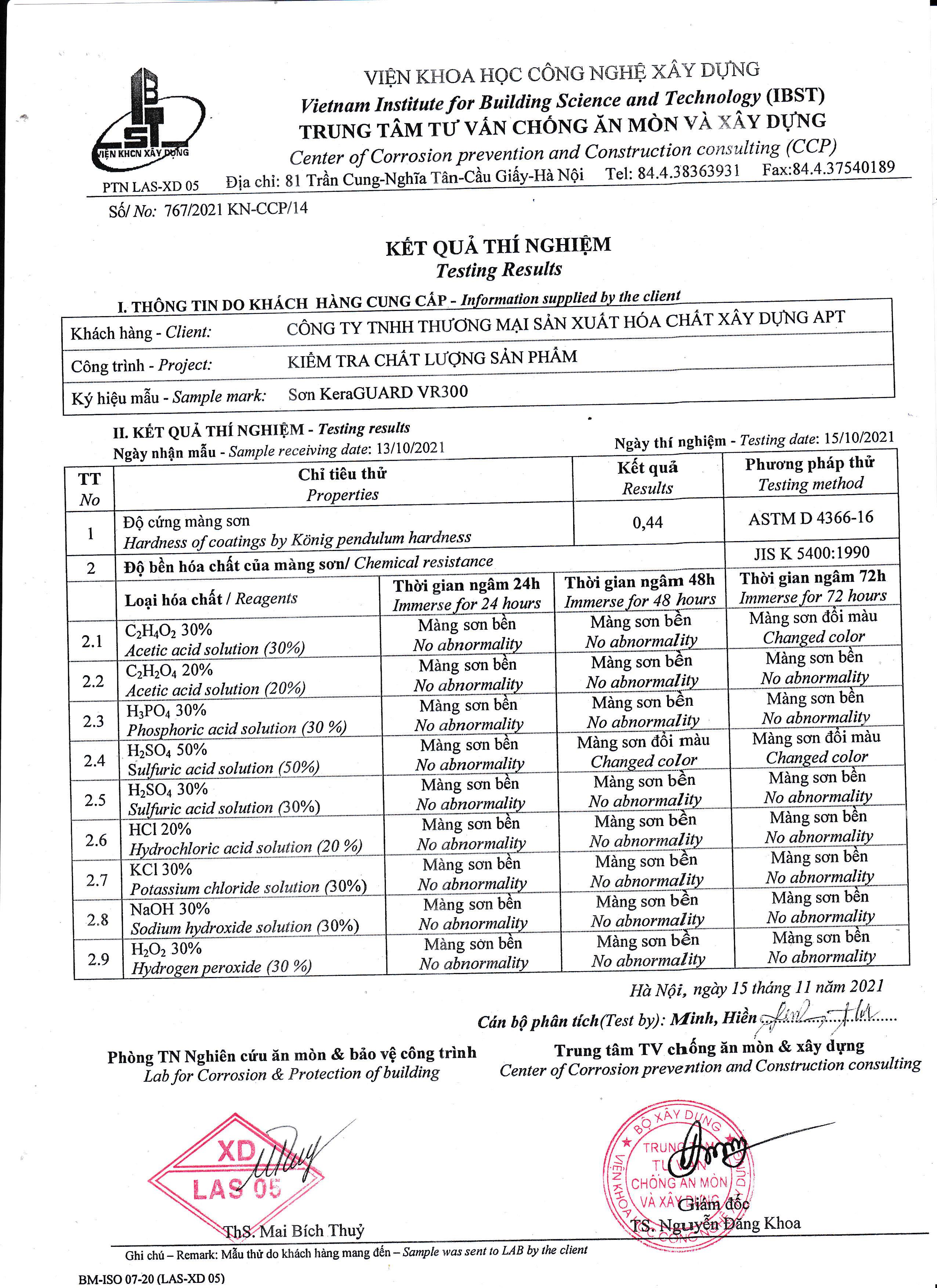 Kết quả thí nghiệm sơn phủ Keraguard VR300. Kết quả thí nghiệm sơn phủ Keraguard VR300.