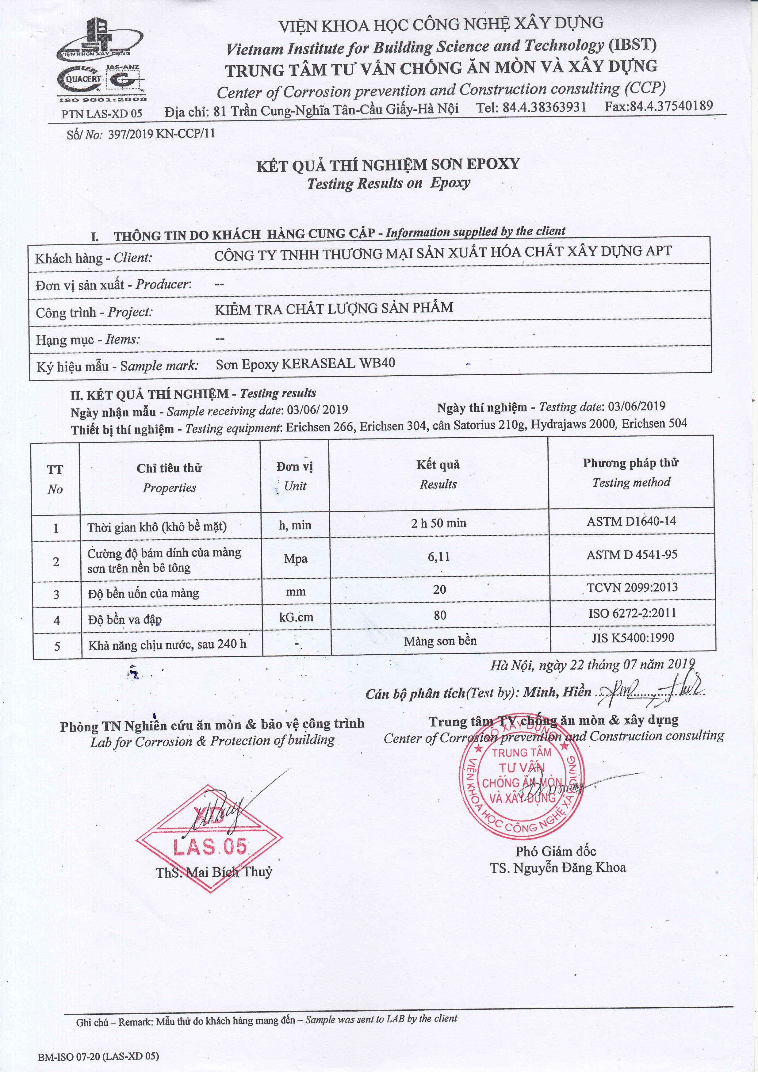 Kết quả thí nghiệm sơn phủ Keraseal WB40. Kết quả thí nghiệm sơn phủ Keraseal WB40.