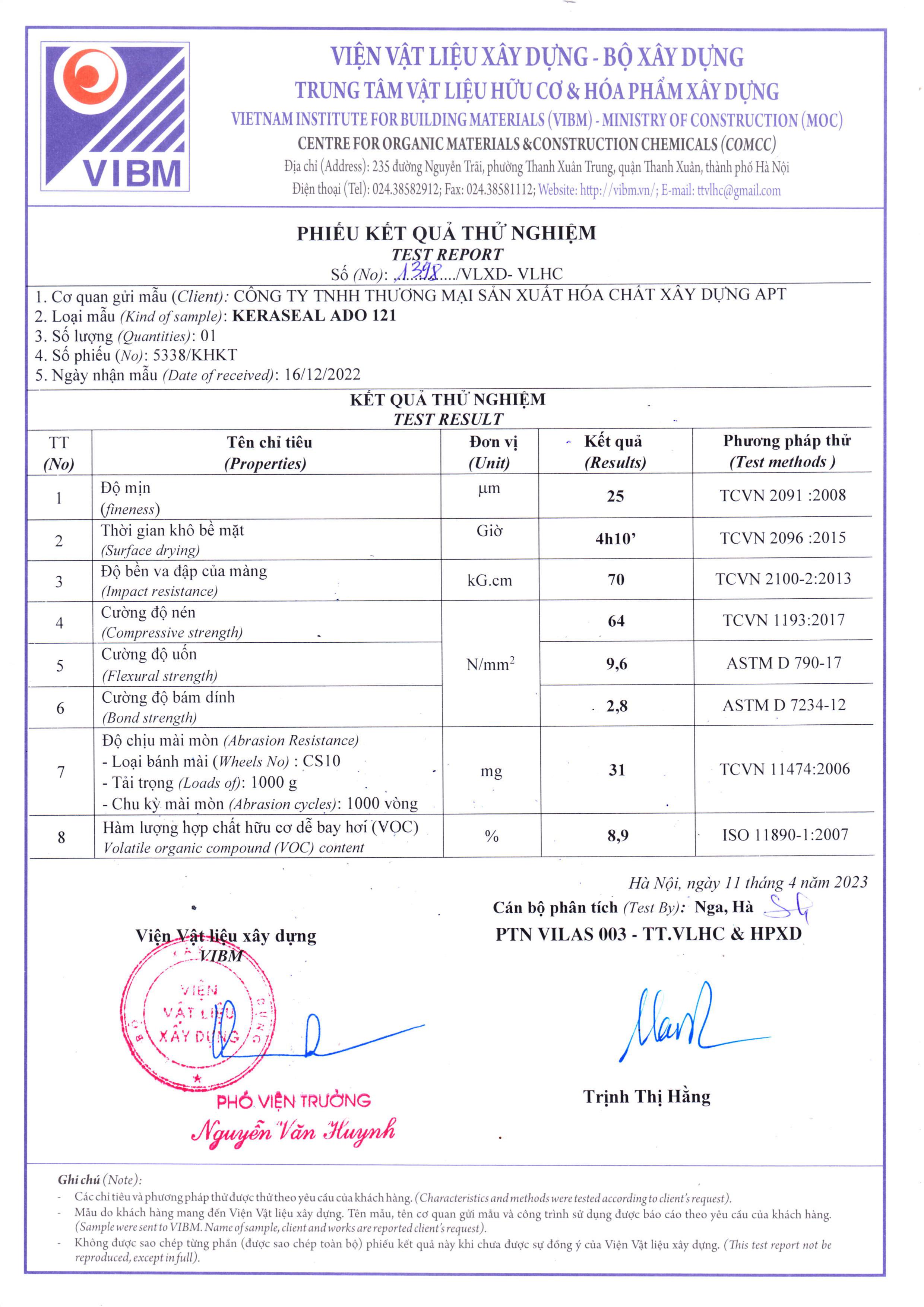 Kết quả thử nghiệm sơn epoxy ADO121. Kết quả thử nghiệm sơn epoxy ADO121.
