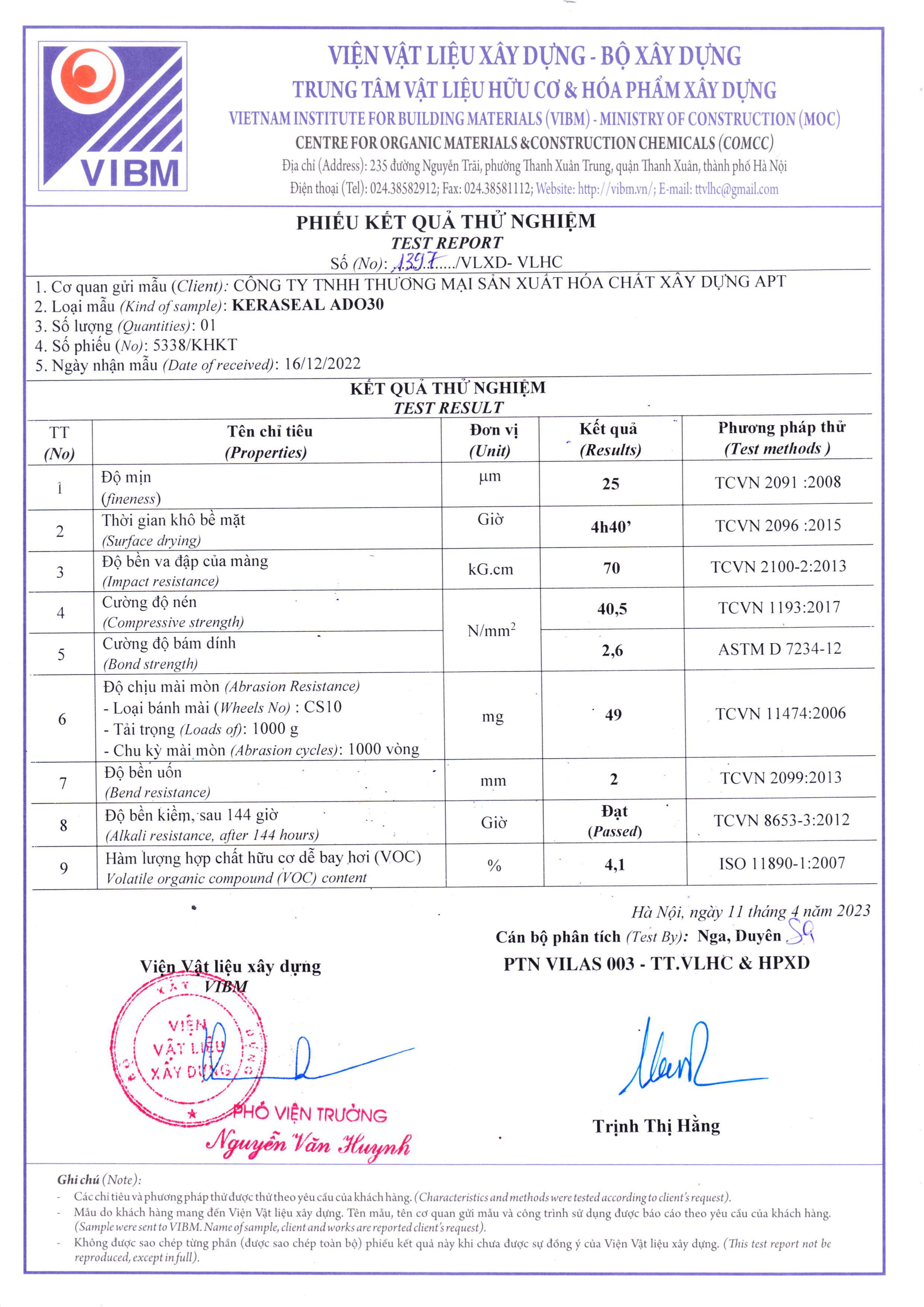 Kết quả thử nghiệm sơn epoxy ADO30. Kết quả thử nghiệm sơn epoxy ADO30.