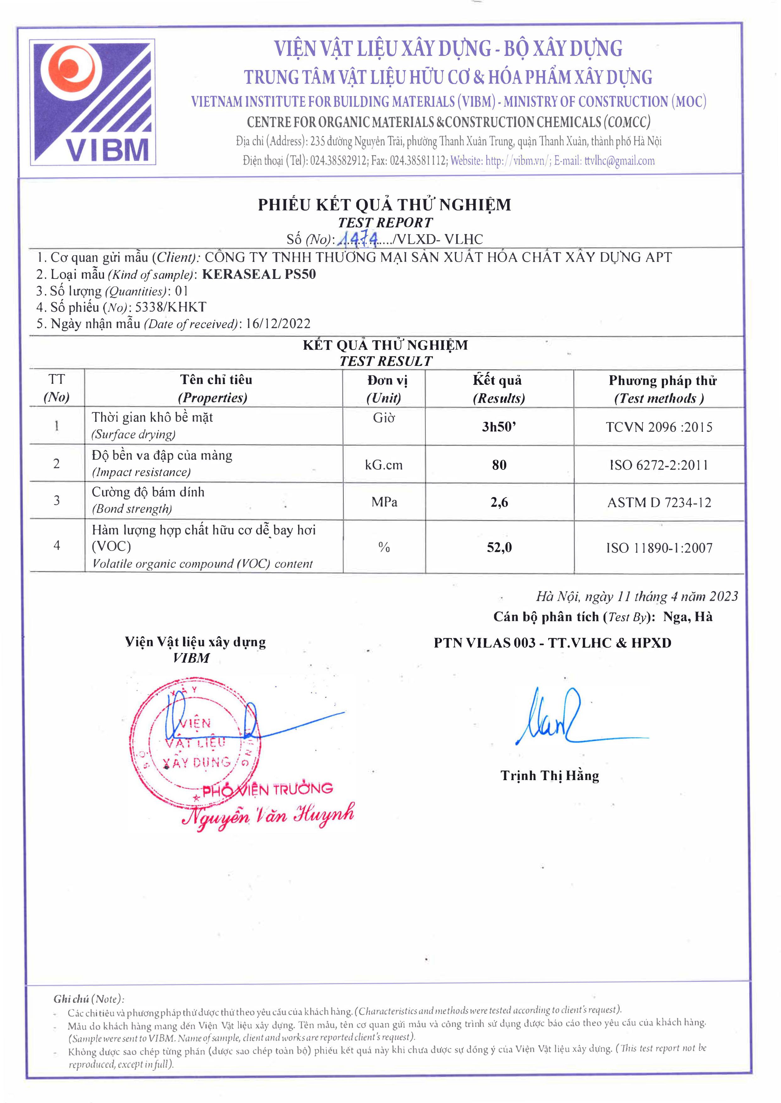 Kết quả thử nghiệm sơn epoxy PS50. Kết quả thử nghiệm sơn epoxy PS50.